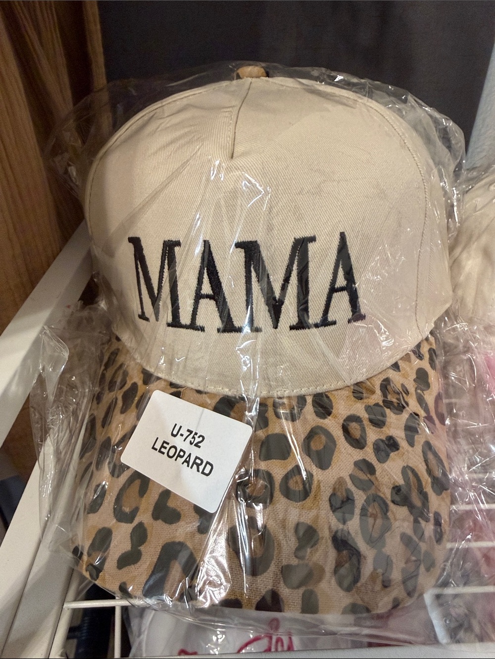 Mama Embroidered Cap with Leopard Brim - Beige